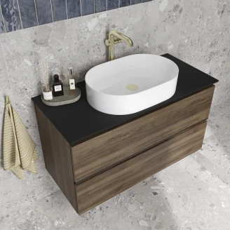 Håndvaskskab Luna Valnød Træ 100 cm med Cosentino Bordplade Dekton Sort Poleret