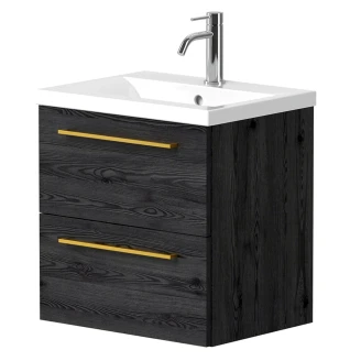 Håndvaskskab <strong>Brook</strong>  Sort Eg Mat 50x38 cm med Vask Hvid & Håndtag Guld