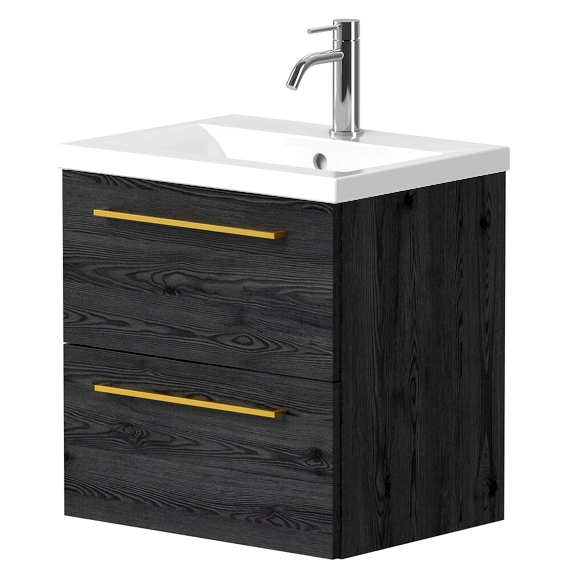 Håndvaskskab Brook Sort Eg Mat 50x38 cm med Vask Hvid & Håndtag Guld
