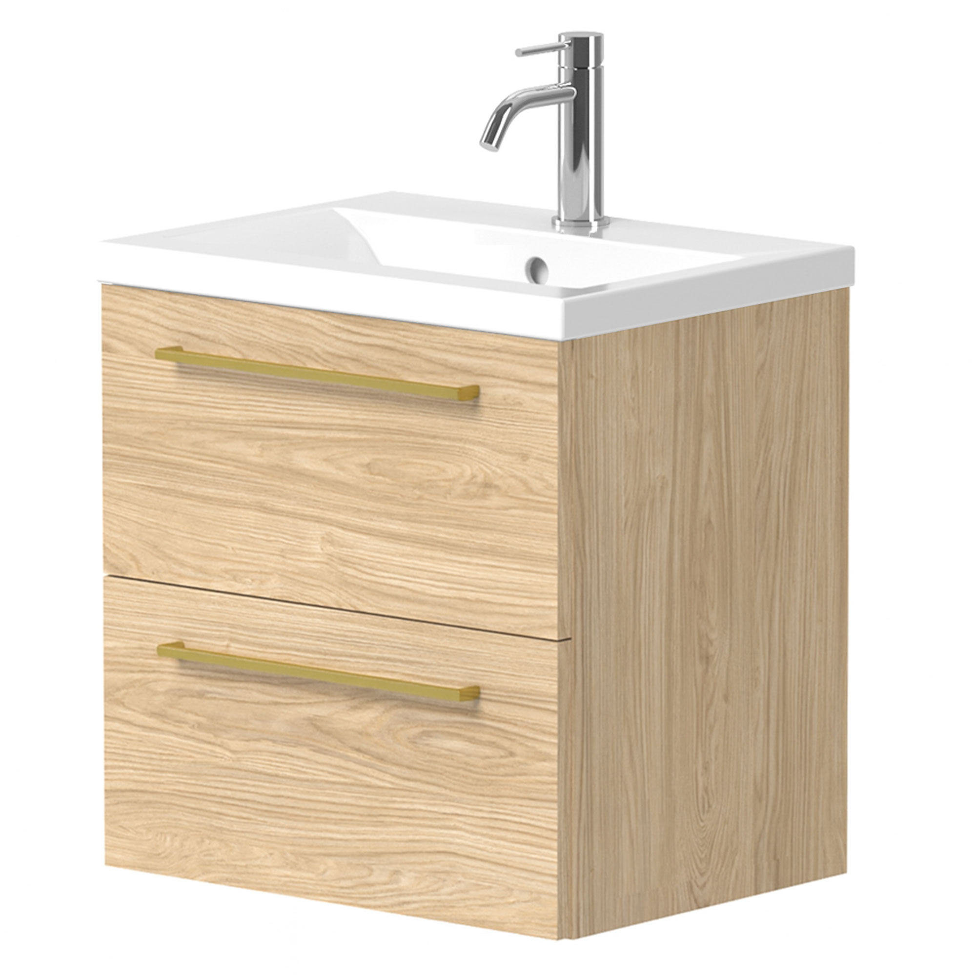 Håndvaskskab Brook Træ Lys Mat 50x38 cm med Vask Hvid & Håndtag Guld