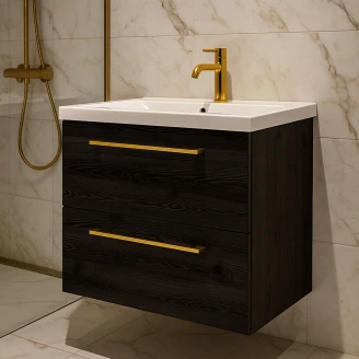 Håndvaskskab <strong>Brook</strong>  Sort Eg Mat 60x38 cm med Vask Hvid & Håndtag Guld
