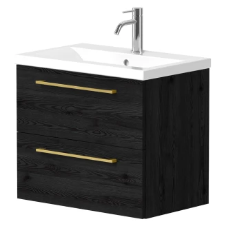 Håndvaskskab <strong>Brook</strong>  Sort Eg Mat 60x38 cm med Vask Hvid & Håndtag Guld