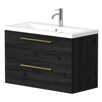 Håndvaskskab <strong>Brook</strong>  Sort Eg Mat 80x38 cm med Vask Hvid & Håndtag Guld