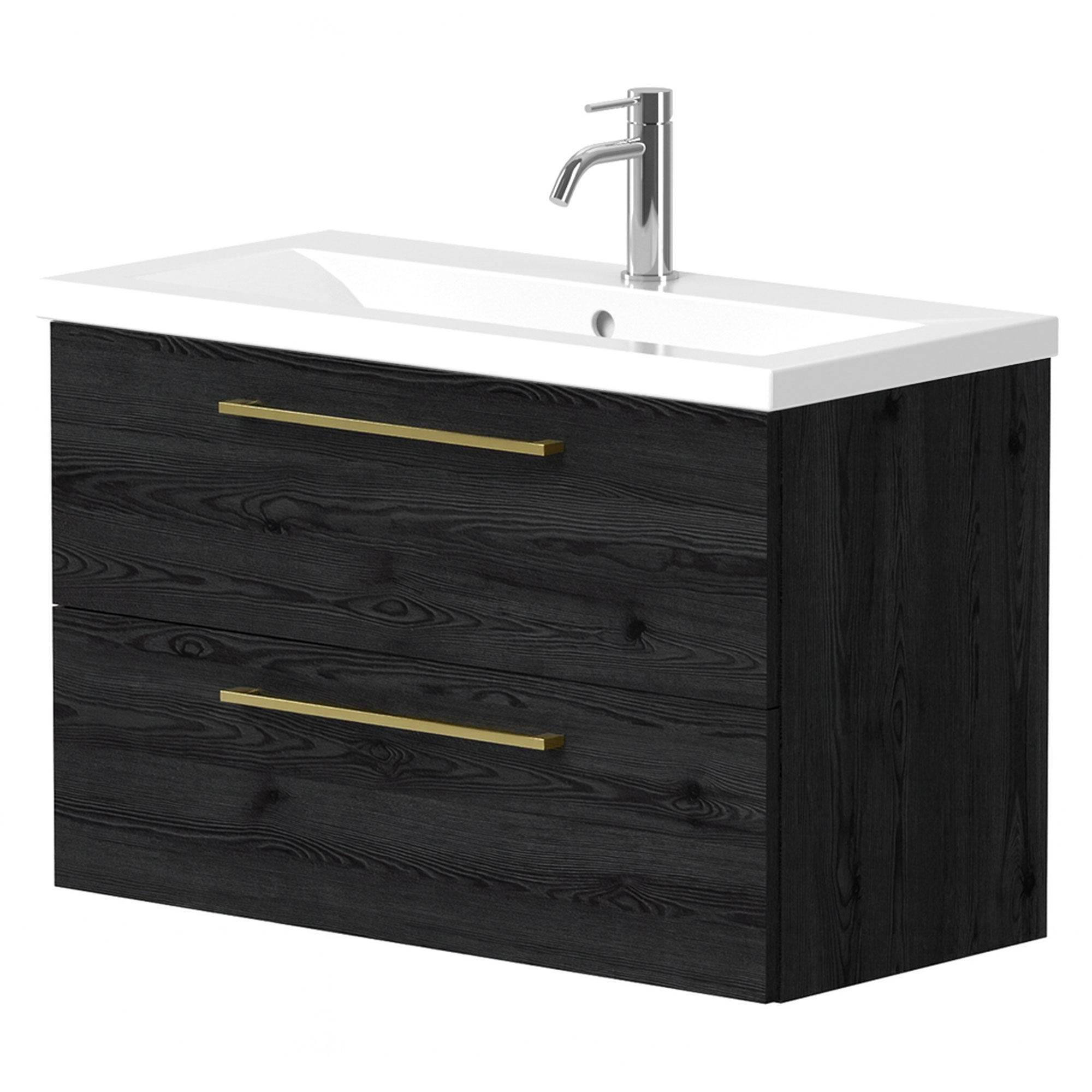 Håndvaskskab Brook Sort Eg Mat 80x38 cm med Vask Hvid & Håndtag Guld