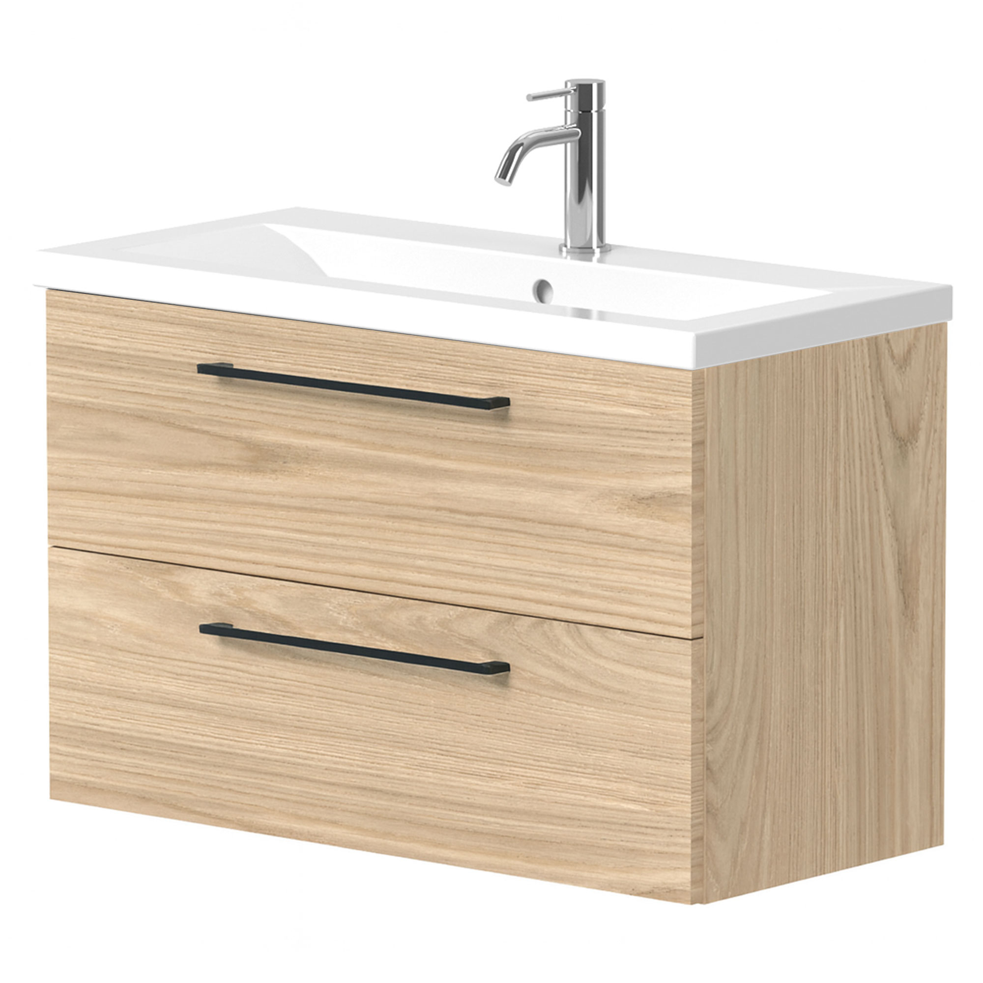 Håndvaskskab Brook Træ Lys Mat 80x38 cm med Vask Hvid & Håndtag Sort