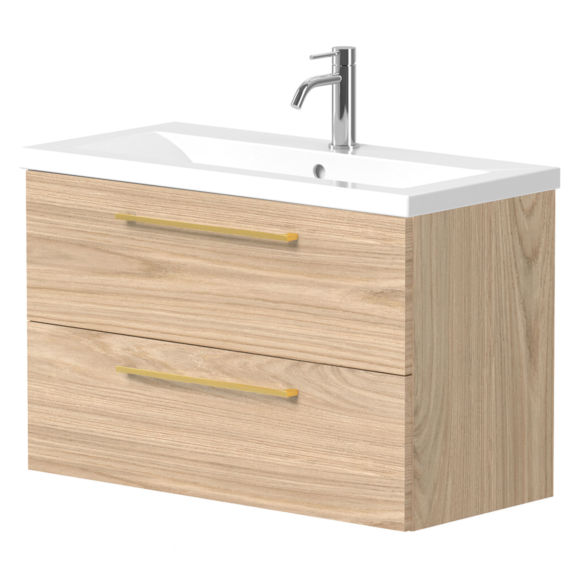 Håndvaskskab Brook Træ Lys Mat 80x38 cm med Vask Hvid & Håndtag Guld
