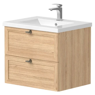 Håndvask <strong>Craftwood</strong>  Egfaner Bleached Oak Mat 60 cm med Vask Hvid Blank & Håndtag Antik Messing