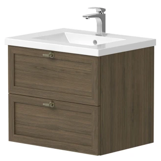 Håndvask <strong>Craftwood</strong>  Egfaner Smoked Oak Mat 60 cm med Vask Hvid Blank & Håndtag Antik Messing