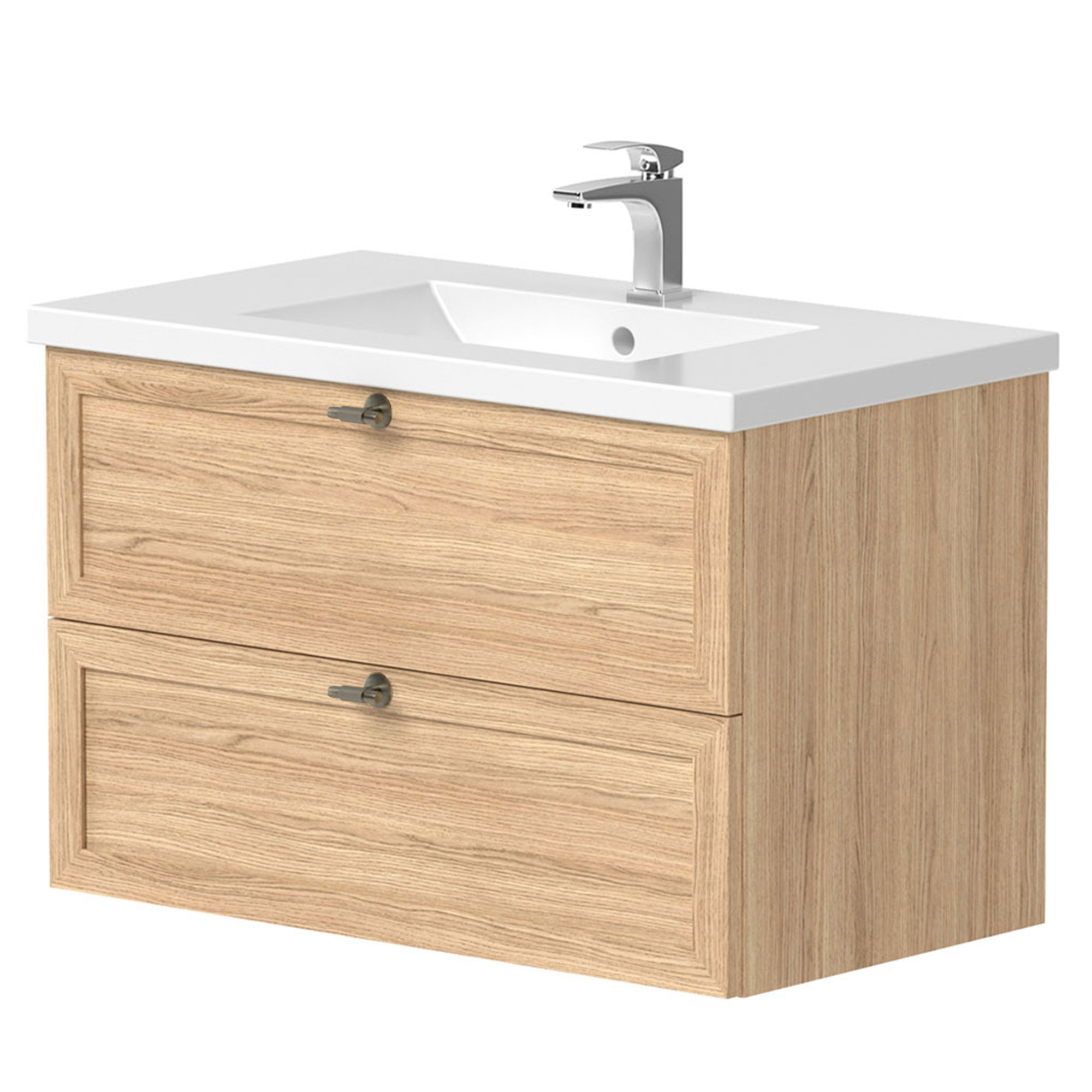 Håndvask Craftwood Egfaner Bleached Oak Mat 80 cm med Vask Hvid Blank & Håndtag Antik Messing