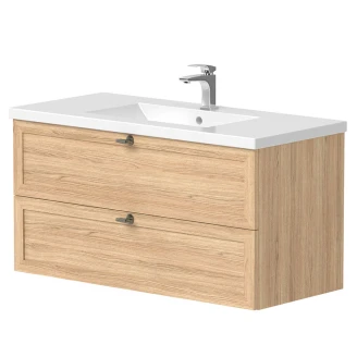 Håndvask <strong>Craftwood</strong>  Egfaner Bleached Oak Mat 100 cm med Vask Hvid Blank & Håndtag Antik Messing