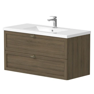 Håndvask <strong>Craftwood</strong>  Egfaner Smoked Oak Mat 100 cm med Vask Hvid Blank & Håndtag Antik Messing