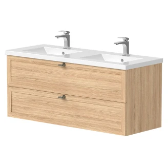 Dobbelt Håndvask <strong>Craftwood</strong>  Egfaner Bleached Oak Mat 120 cm med Vask Hvid Blank & Håndtag Antik Messing