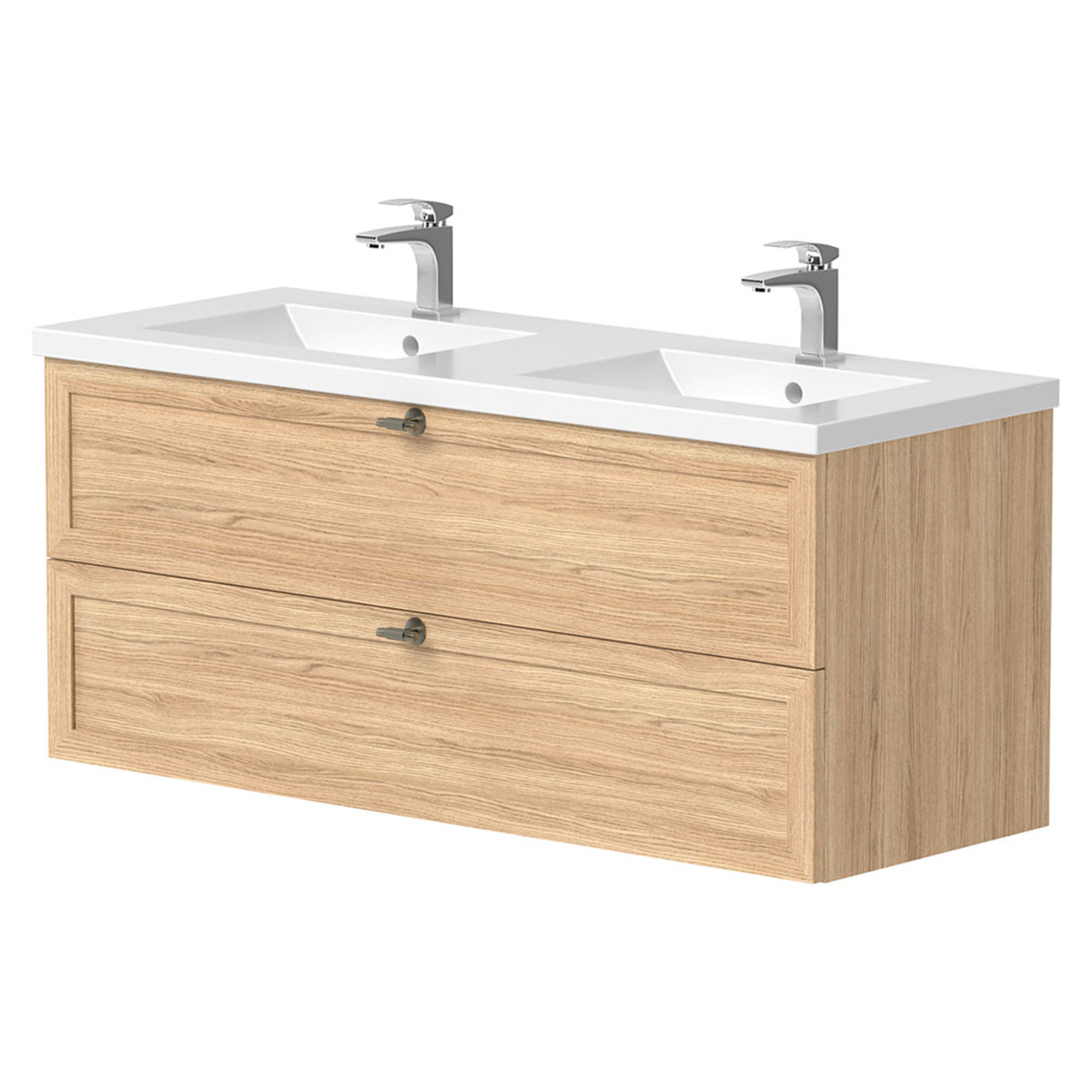 Dobbelt Håndvask Craftwood Egfaner Bleached Oak Mat 120 cm med Vask Hvid Blank & Håndtag Antik Messing
