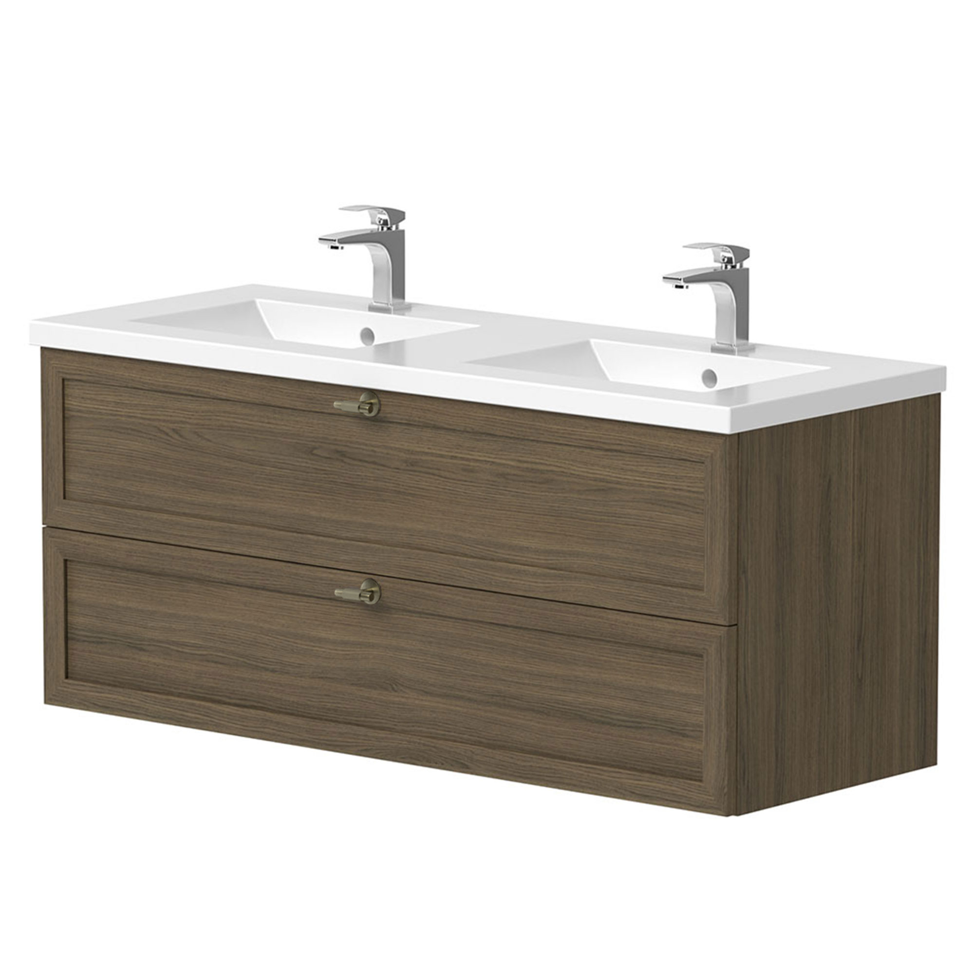 Dobbelt Håndvask Craftwood Egfaner Smoked Oak Mat 120 cm med Vask Hvid Blank & Håndtag Antik Messing
