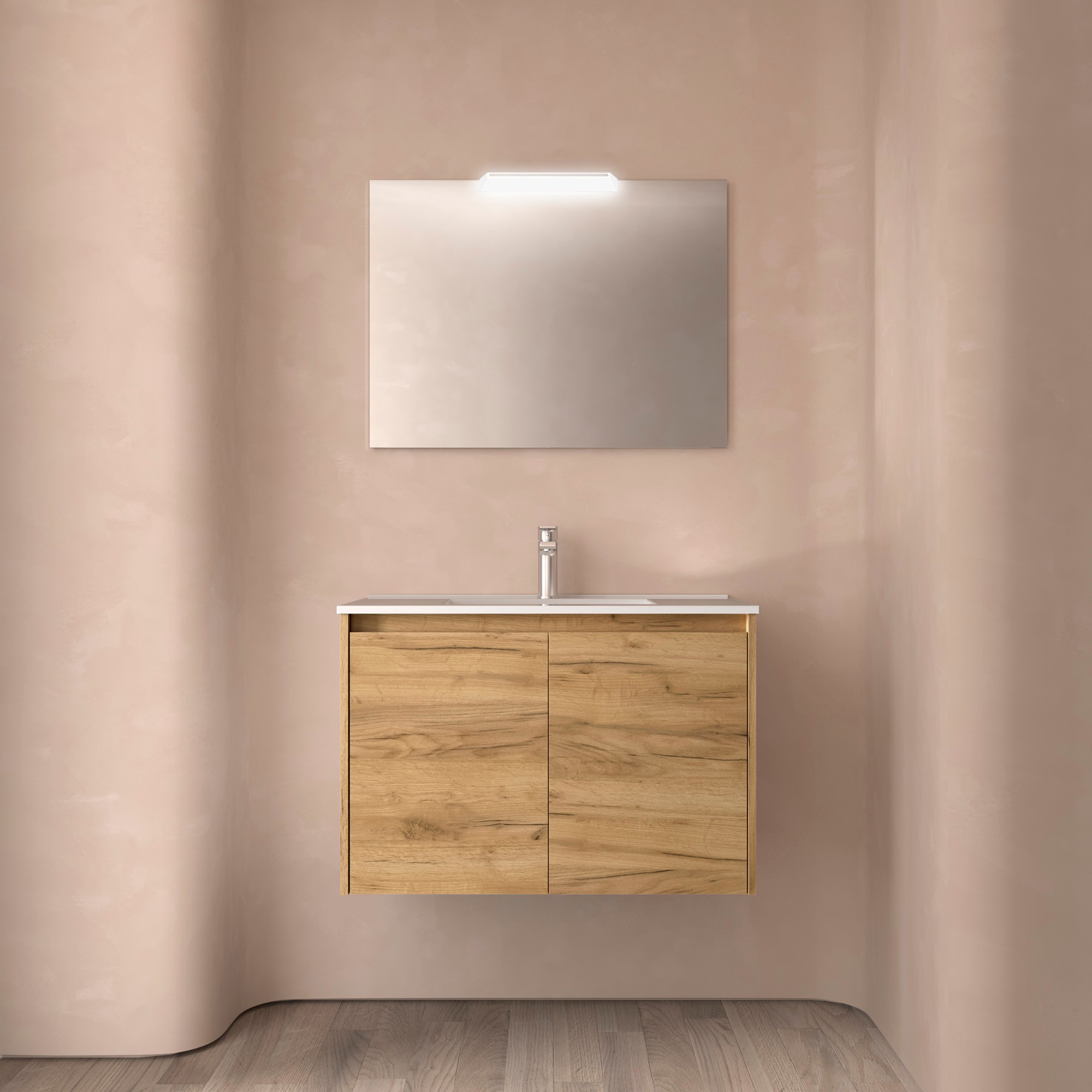 Håndvaskskab Flint Lys Træ Mat 80 cm med Vask Hvid Blank