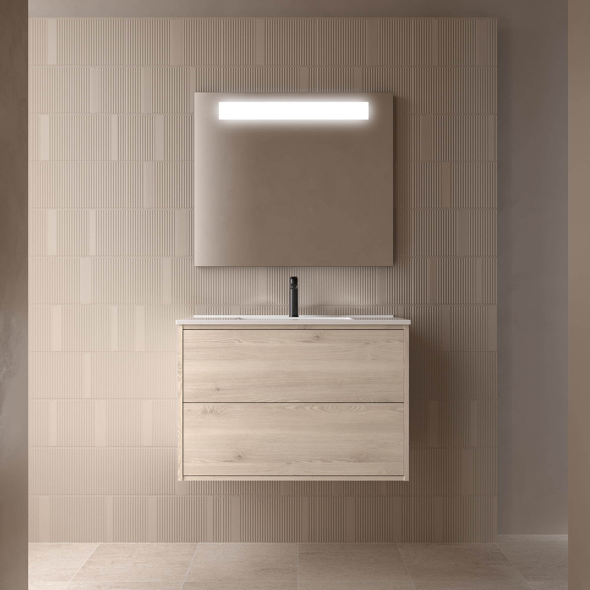 Håndvaskskab Tryk-åben Jorrel Naturlig Mat 80 cm med Vask Hvid Blank