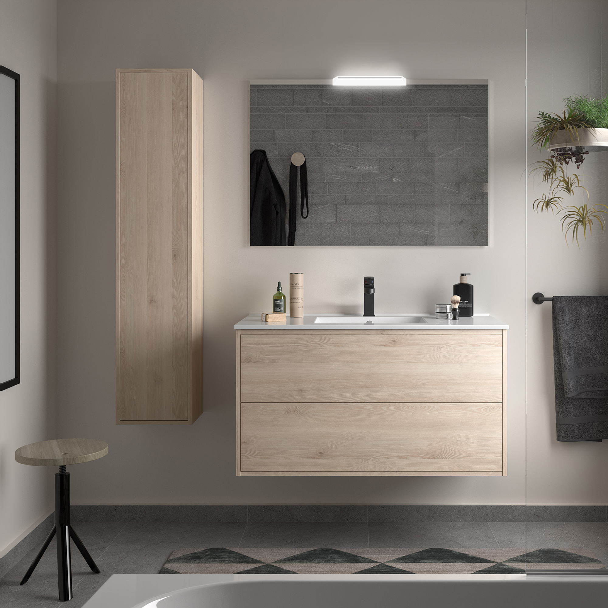 Håndvaskskab Tryk-åben Jorrel Naturlig Mat 100 cm med Vask Hvid Blank