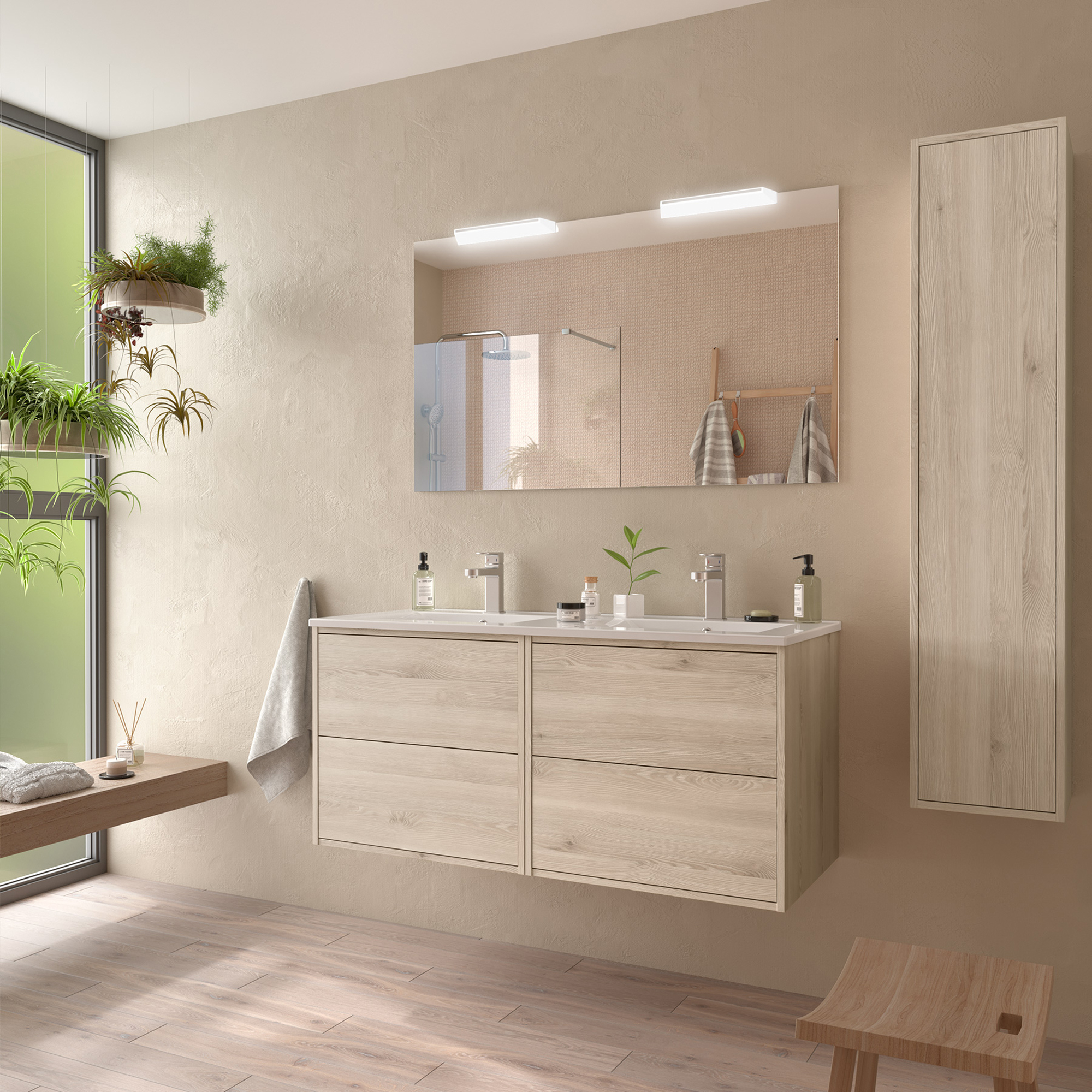 Håndvaskskab Tryk-åben Jorrel Naturlig Mat 120 cm med Dobbelt Vask Hvid Blank