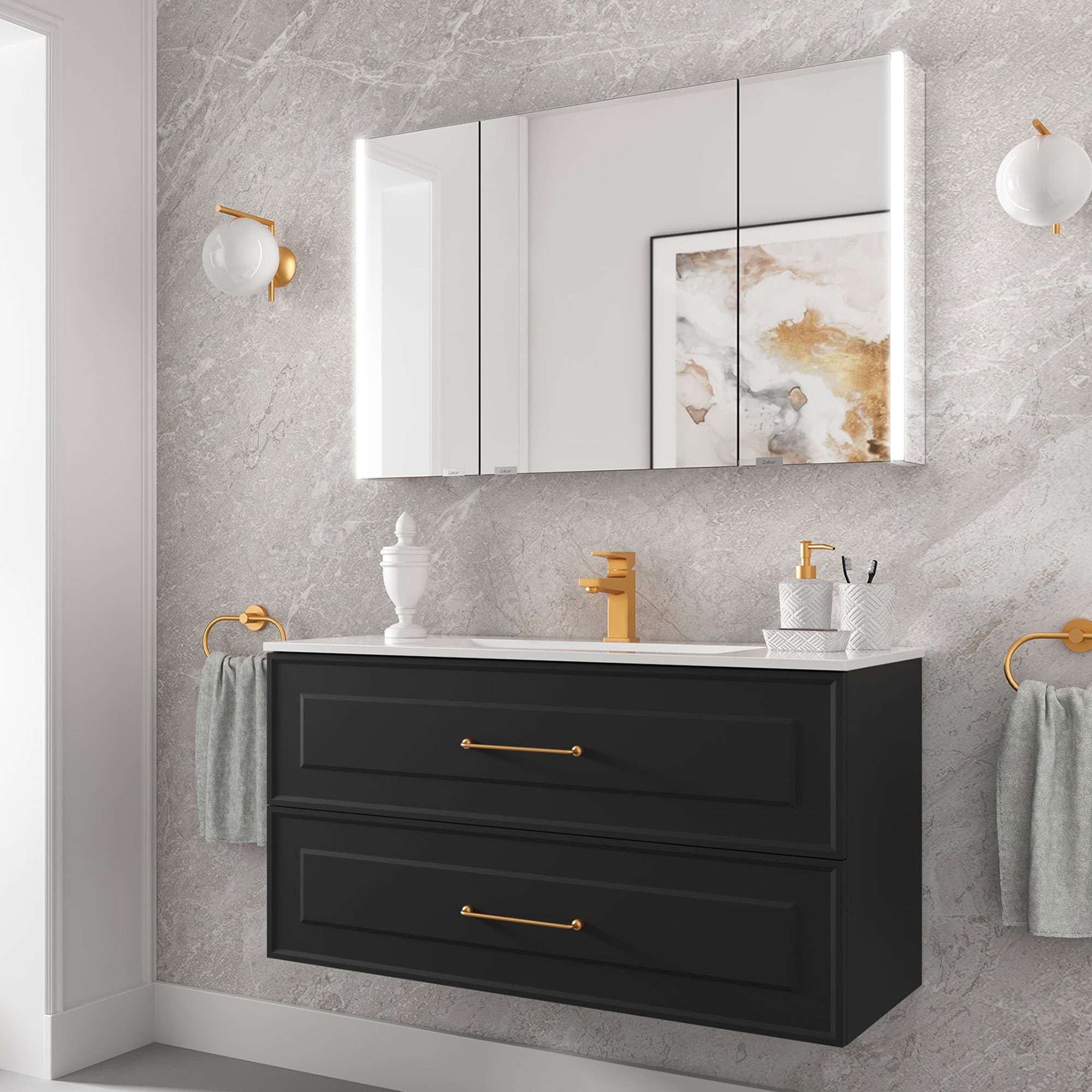 Håndvaskskab Norrby Antracit Mat 100 cm med Vask Hvid Blank & Håndtagene Lineya Guld