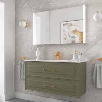 Håndvaskskab <strong>Norrby</strong> Grøn Mat 100 cm med Vask Hvid Blank & Håndtagene Lineya Guld