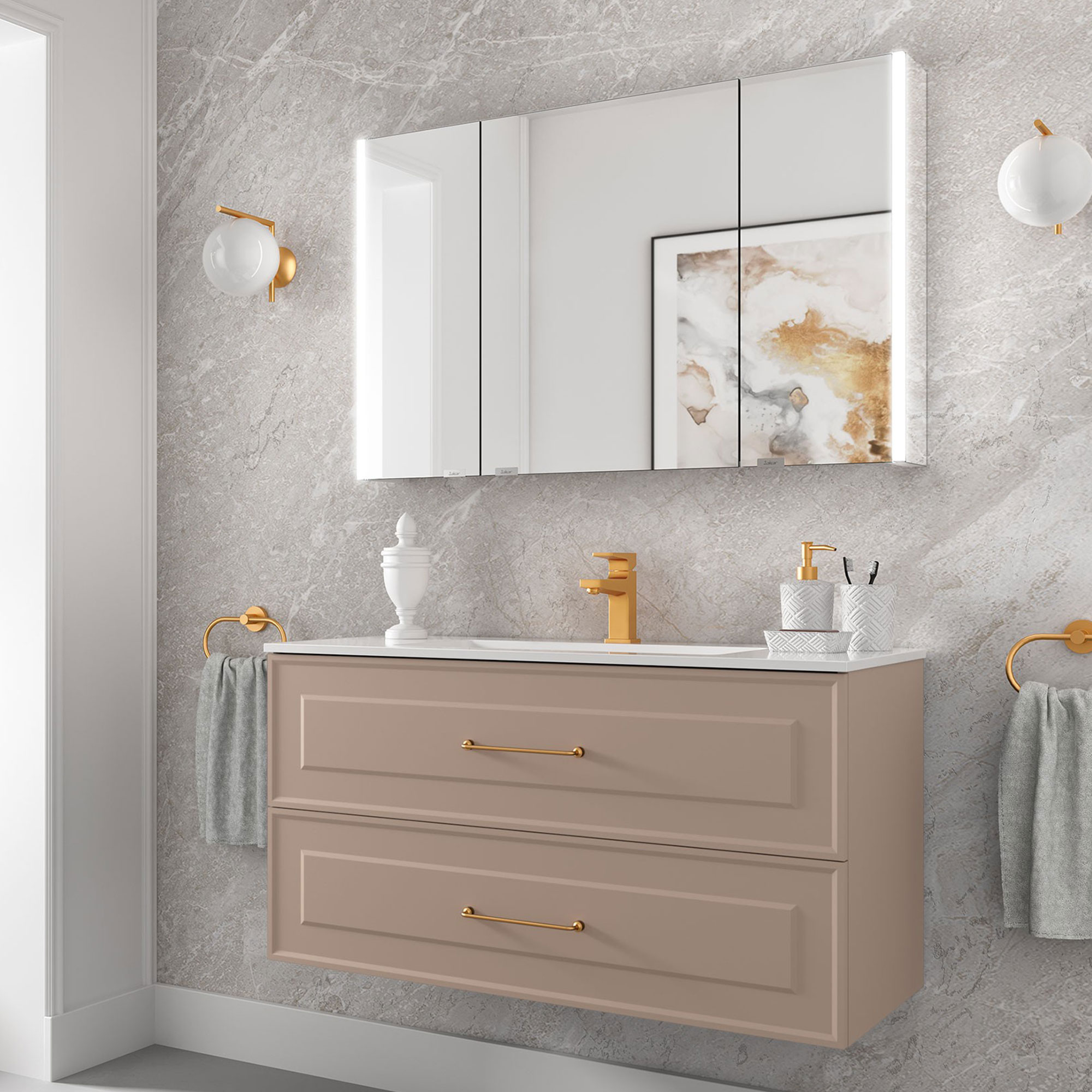 Håndvaskskab Norrby Macchiato Mat 100 cm med Vask Hvid Blank & Håndtagene Lineya Guld