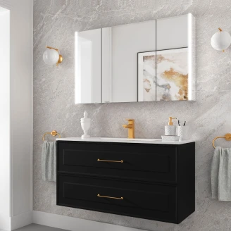 Håndvaskskab <strong>Norrby</strong> Sort Mat 100 cm med Vask Hvid Blank & Håndtagene Lineya Guld