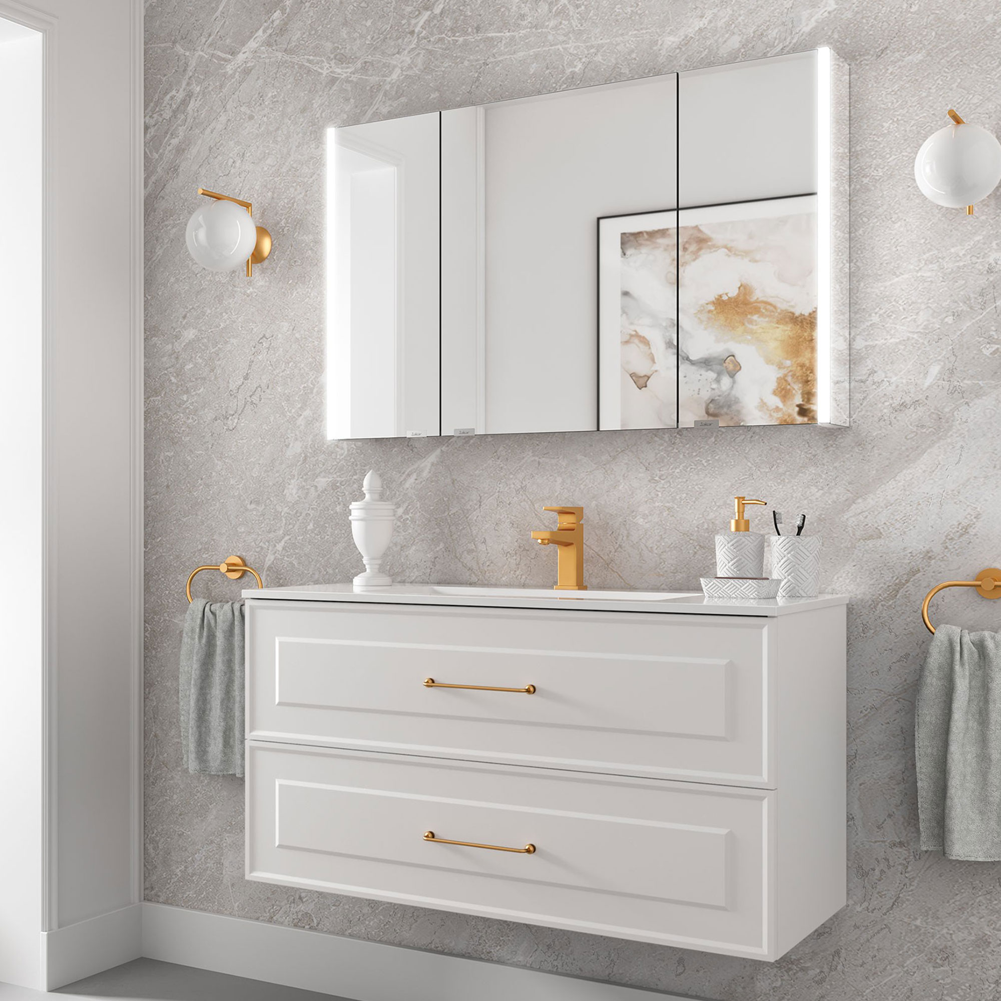 Håndvaskskab Norrby Hvid Mat 100 cm med Vask Hvid Blank & Håndtagene Lineya Guld