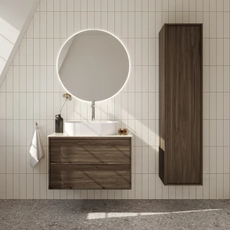 Badeværelsespakke Ekskär Valnöt 80 cm med Cosentino Lysbeige Bordplade, Højskab, Spejl, Vask, Håndvaskarmatur & Bundventil