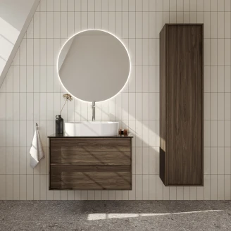 Badeværelsespakke Ekskär Valnöt 80 cm med Cosentino Brun Bordplade, Højskab, Spejl, Vask, Håndvaskarmatur & Bundventil