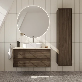 Badeværelsespakke Ekskär Valnöt 100 cm med Cosentino Lysbeige Bordplade, Højskab, Spejl, Vask, Håndvaskarmatur & Bundventil
