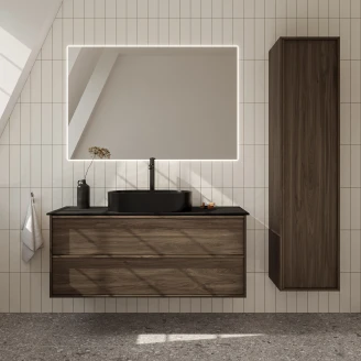 Badeværelsespakke Ekskär Valnöt 120 cm med Cosentino Sort Bordplade, Højskab, Spejl, Vask, Håndvaskarmatur & Bundventil