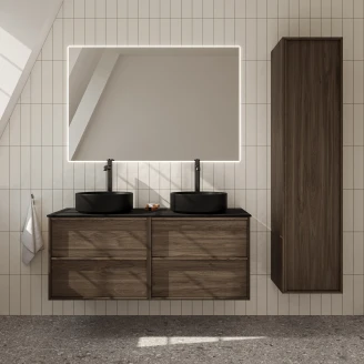 Badeværelsespakke Dobbelt Ekskär Valnöt 120 cm med Cosentino Sort Bordplade, Højskab, Spejl, 2xVask, 2xHåndvaskarmatur & Bundventil