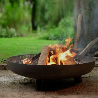 BonFeu Grillsæt med BonBowl Plus Ildskål Cortenstål 80 cm, Plancha, Dobbelt Stålring til Grill & Rundt Grillrist