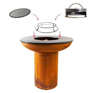 BonFeu Sæt med BonBiza Ildsted Cortenstål XL, Dobbelt Stålring til Grill, Rundt Grillrist & Pizzaovn