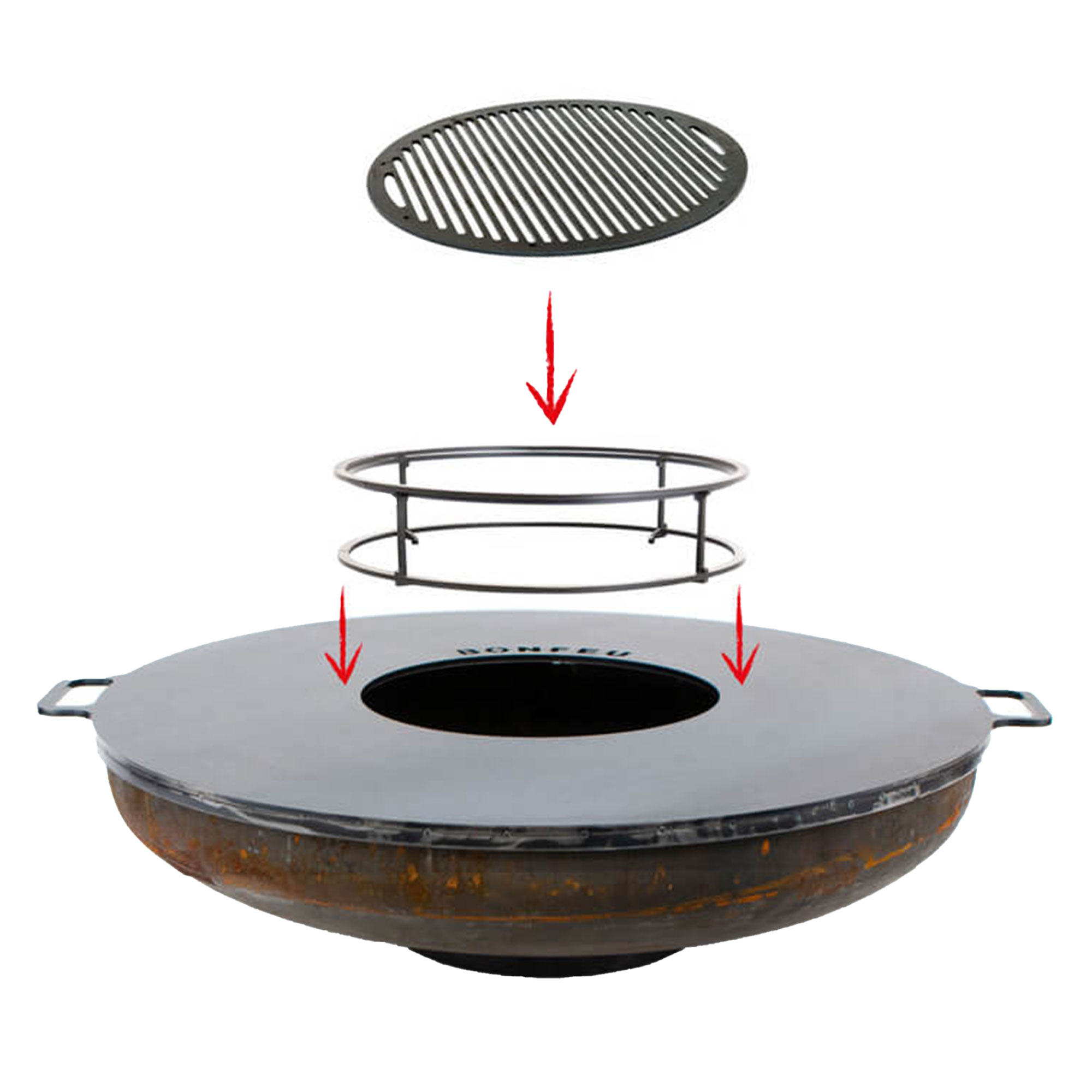 BonFeu Sæt med BonBowl Ildskål Cortenstål 120 cm, Plancha, Dobbelt Stålring til Grill & Rundt Grillrist