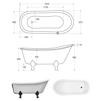 Badekar <strong>Royal Elegance</strong>  Grafit Blank 160 cm med Vit Lejonfødder & Badeafløb