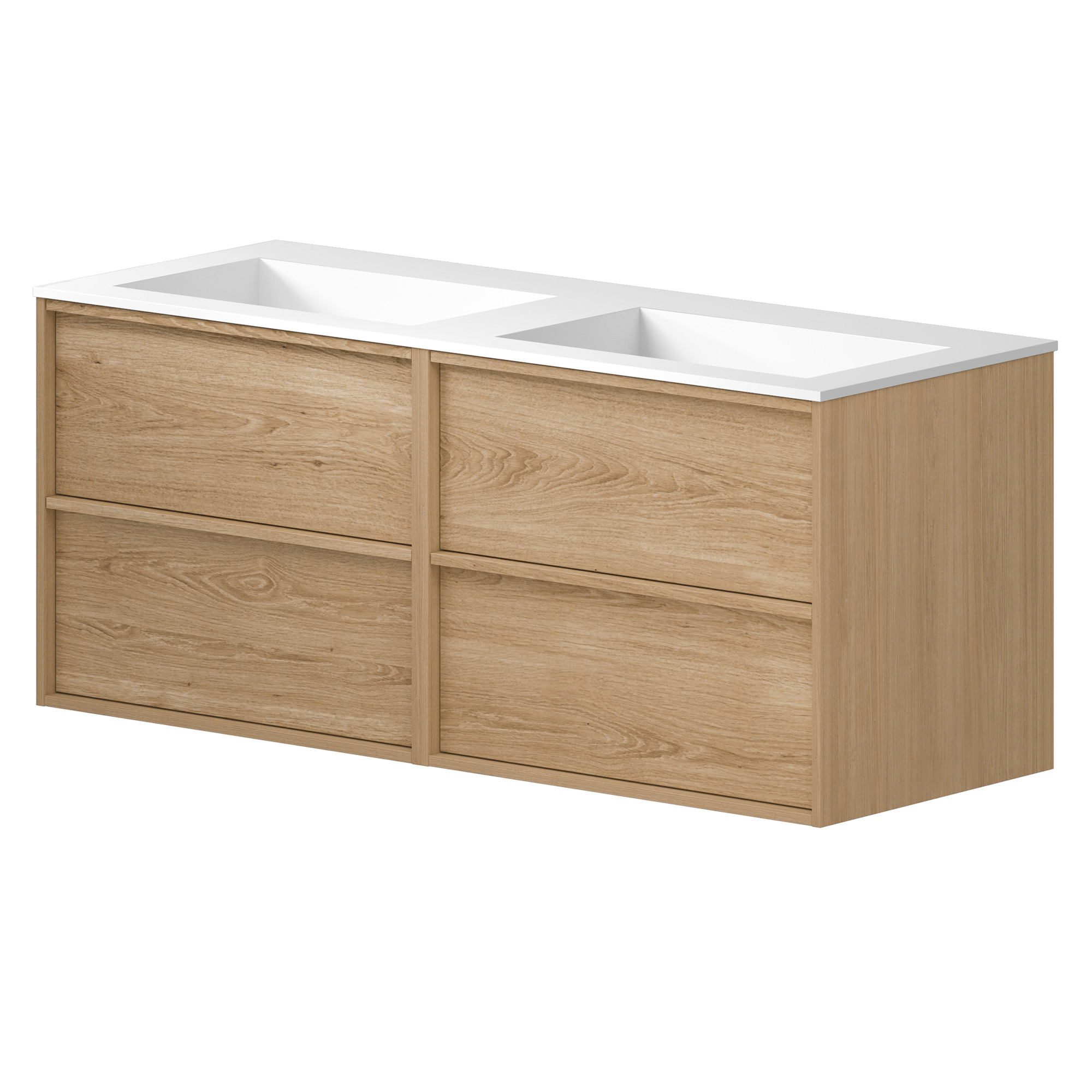 Dobbelt Underskab Ekskär Eg Mat 120 cm med Corian Dobbelt Vask Hvid Mat