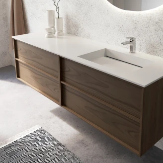 Dobbelt Underskab <strong>Ekskär</strong>  Valnød Mat 120 cm med Corian Vask Højre med Skuffeinddeling & LED