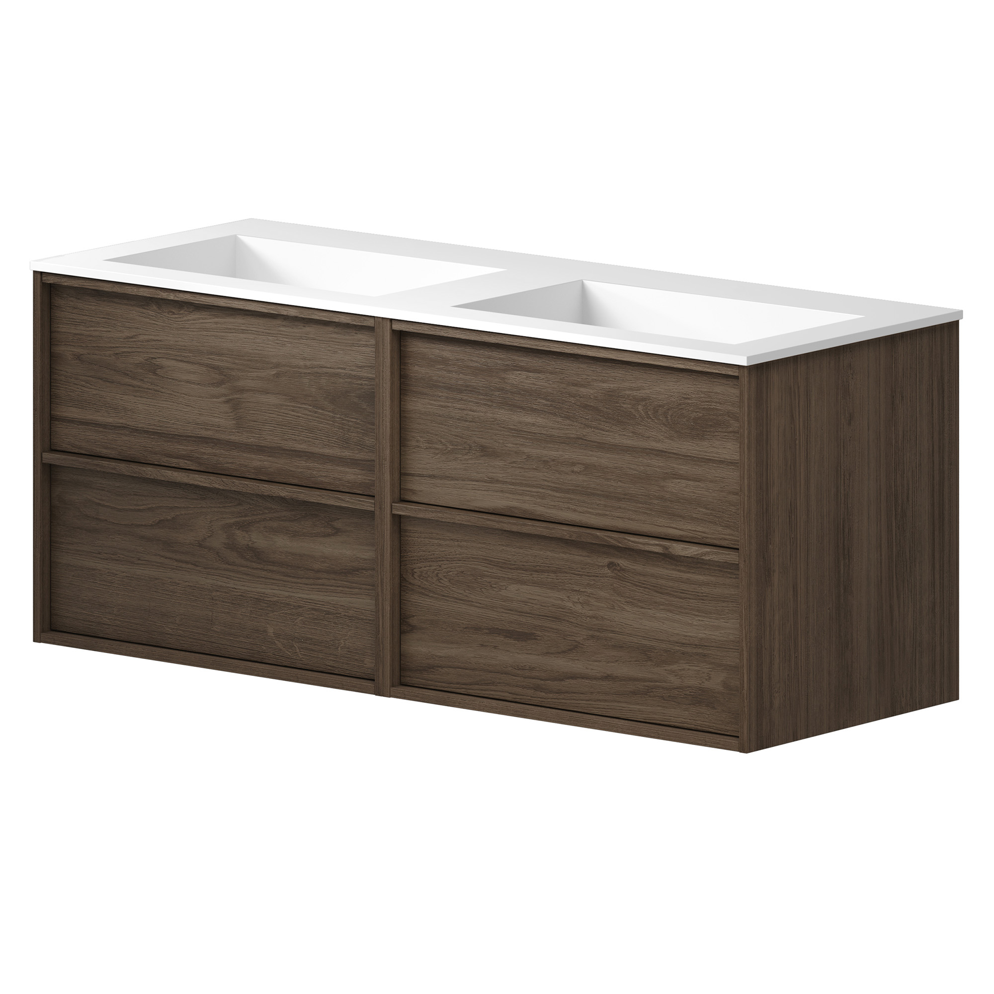 Dobbelt Underskab Ekskär Valnød Mat 120 cm med Corian Dobbelt Vask Hvid Mat