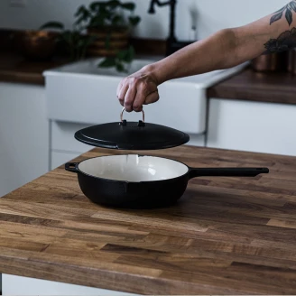 Barebones Stegepande med Låg <strong>Ferroa</strong>  Emaljeret Støbejern Sort, Beige Ø 25 cm