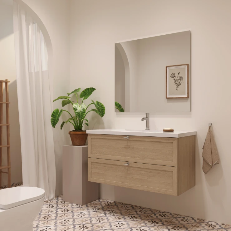 Underskab Craftwood Egfaner Bleached Oak Mat 100 cm med Vask Hvid Blank & Håndtagene Krom