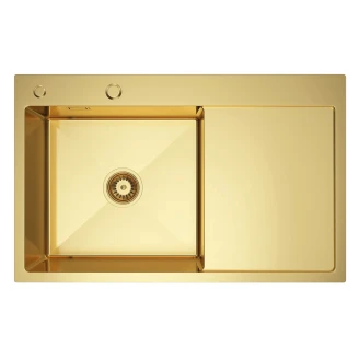 Rustfrit Stål Køkkenvask med Afløbsbakke <strong>Celion</strong>  Guld Mat 78x49 cm med Vandlås Højre