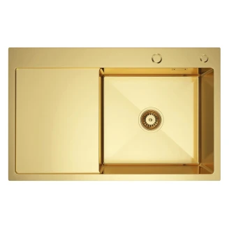 Rustfrit Stål Køkkenvask med Afløbsbakke <strong>Celion</strong>  Guld Mat 78x49 cm med Vandlås Venstre