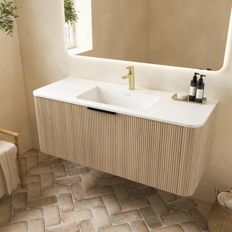 Underskab Delvia Lys Træ-Stribet Mat 120 cm med Vask Hvid Mat