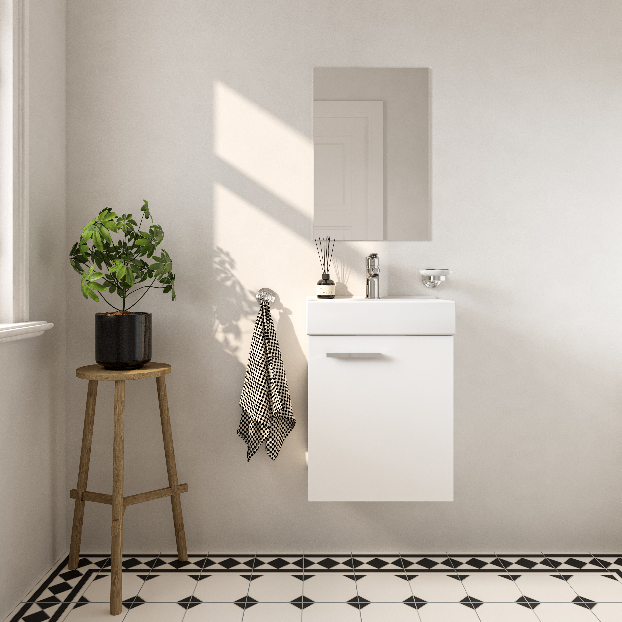 Komplet Badeværelsesmøbel Petit Hvid Blank 45 cm med Vask Hvid Blank, Håndvaskarmatur & Spejl