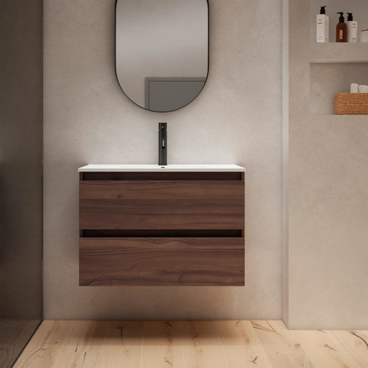 Underskab Blisse Valnød Mat 70 cm med To Skuffer & Vask Hvid Blank