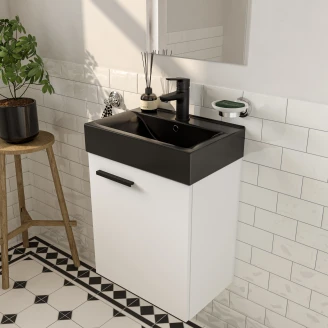 Komplet Badeværelsesmøbel <strong>Petit</strong>  Hvid Mat 45 cm med Vask Sort Mat, Håndvaskarmatur & Spejl