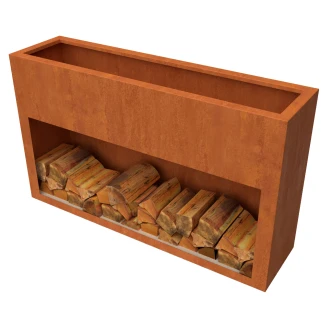 Plantekasse med brændeopbevaring <strong>Beltra</strong>  Cortenstål 150 cm