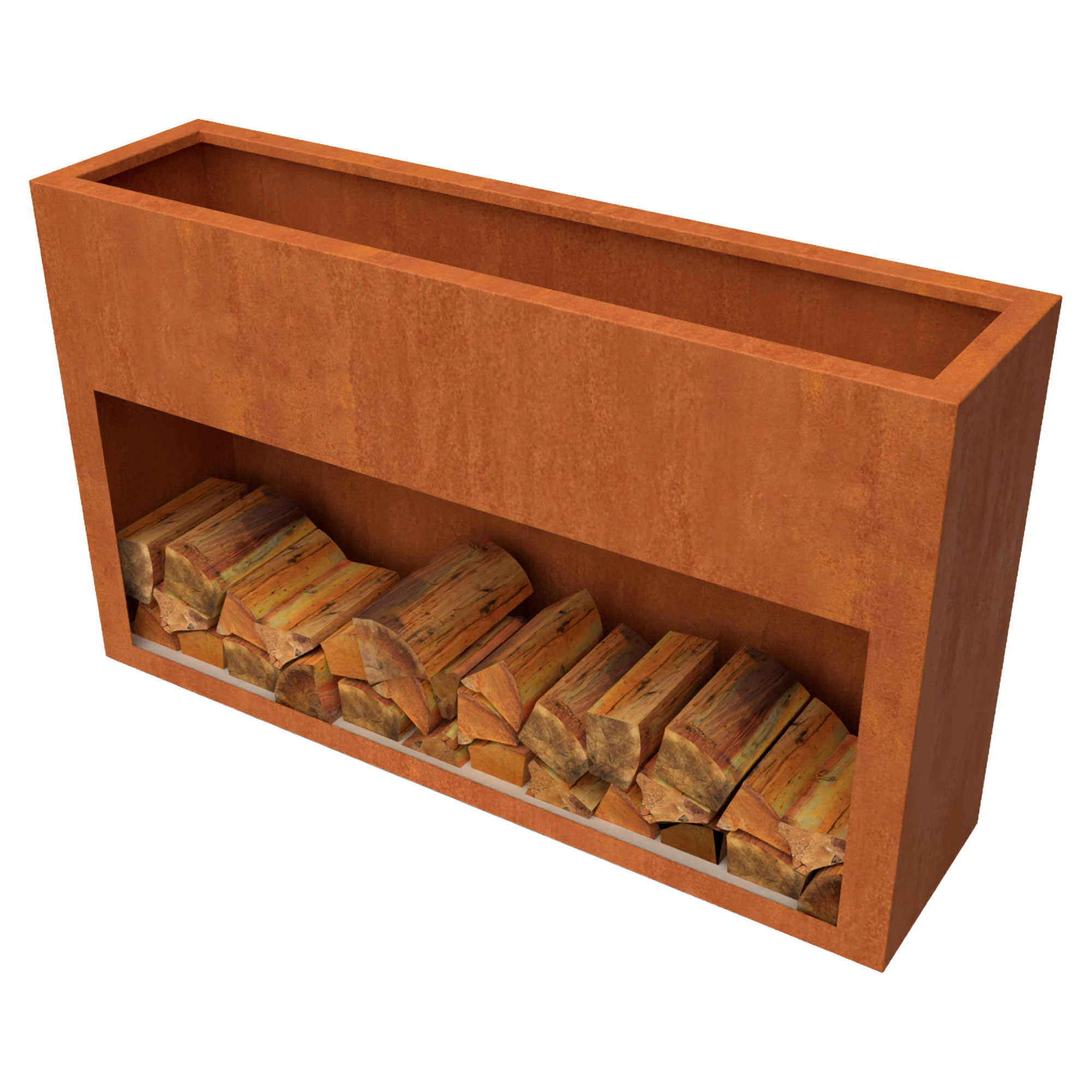 Plantekasse med brændeopbevaring Beltra Cortenstål 150 cm