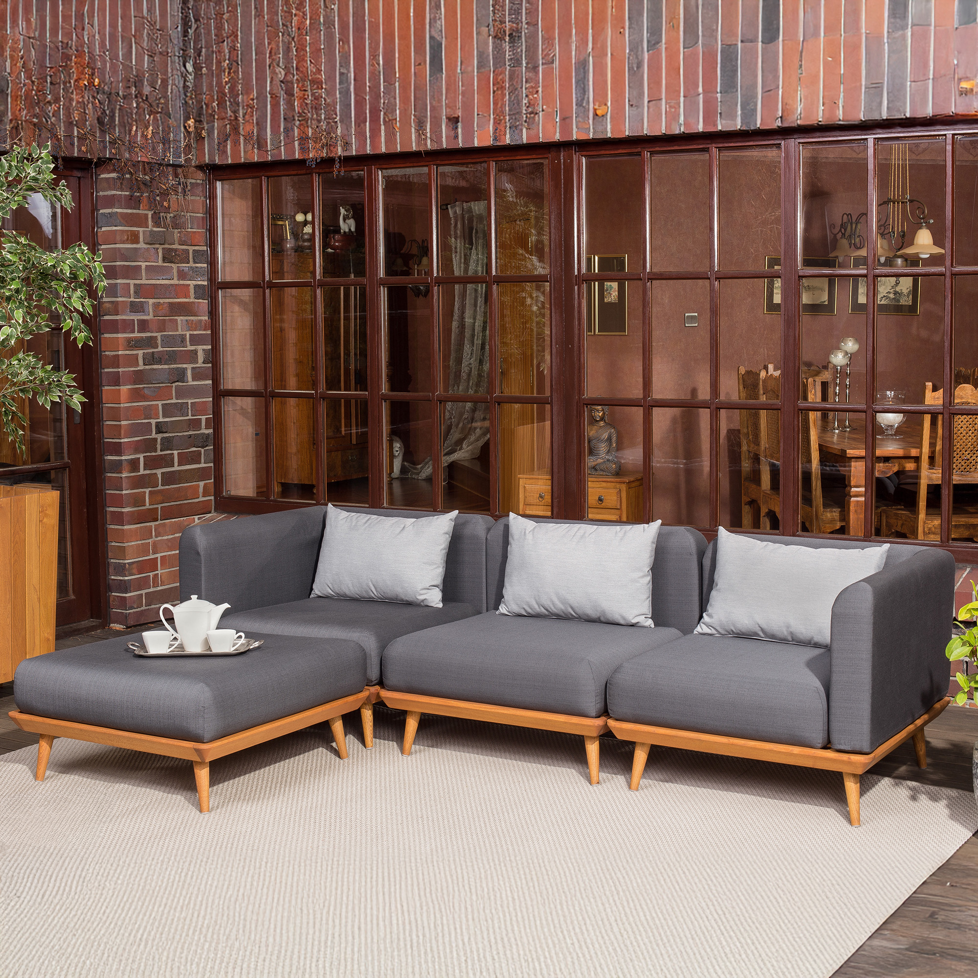 Loungeset Ravensby med 4 Dele & 3 Puder Grå, Træ